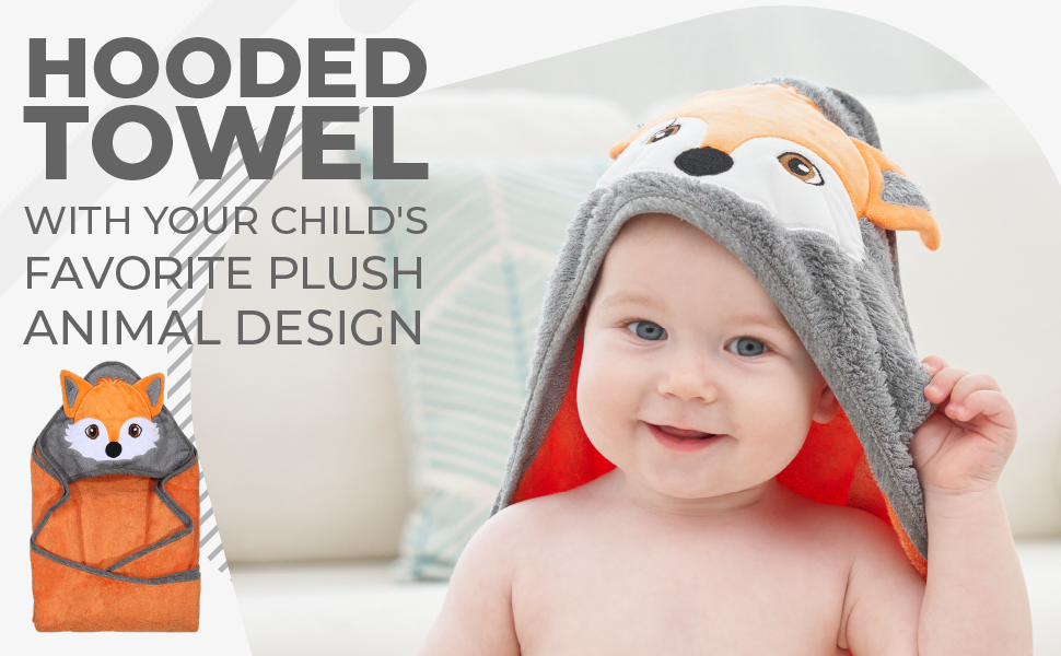 An orange color towel with fox hood with a baby in their favorite plush animal design