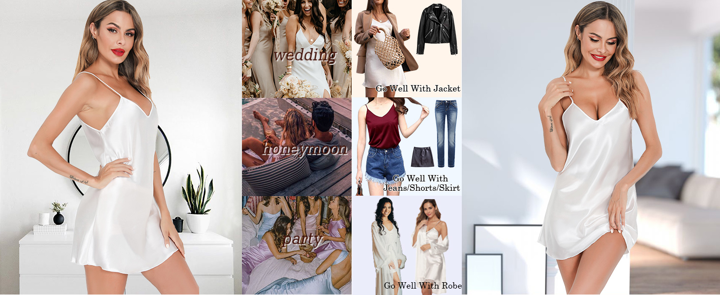 Lovasy Satin Nightdress for Women Sexy Negligees Strap Chemise Silk Nighties for Women V-Neck Ladies Nightdress Full Slips Nightwear Nightgown UK Size 6-22 18 1