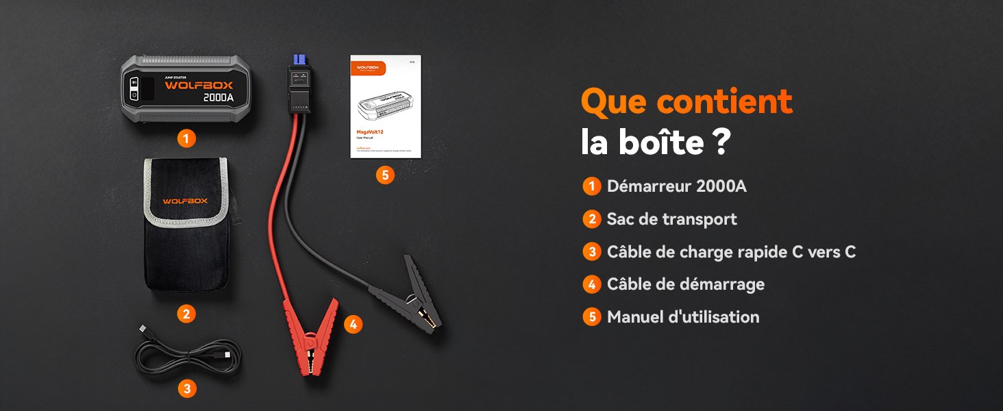 avec câbles, chargeur et manuel. Le texte se lit comme suit : « Que contient la boîte ? » liste des composants en français : démarreur, sac de transport, câbles et manuel d'utilisation.