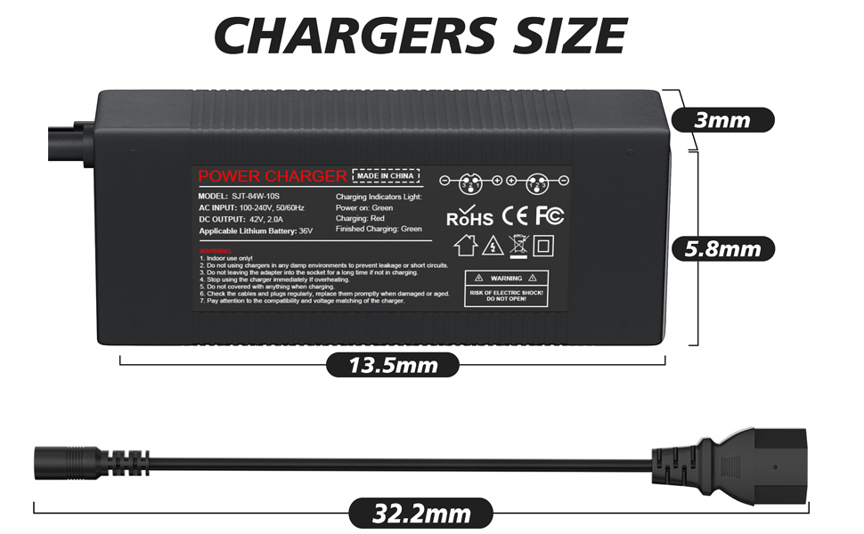 42 V charger for 36 V electric hoverbooter lithium battery ebike, electronic scooter charger for Gotrax, Jetson, Xiaomi Lithium ion battery 36V, Swagtron, Brid, Segway, Razor, Sisigad 20 Electronic scooter charger