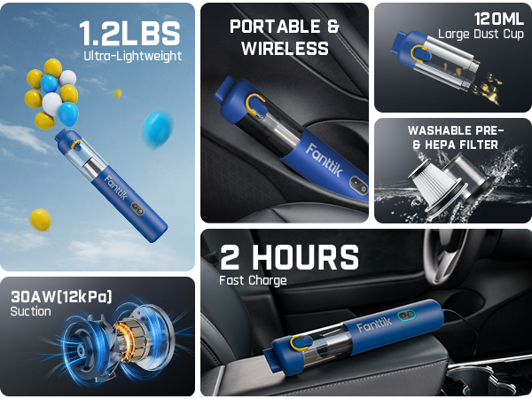 Fanttik V8 Mate Draadloze Auto Stofzuiger - 12000Pa Zuigkracht - Mini Vacuüm Met Accessoires - Type-C Oplading
