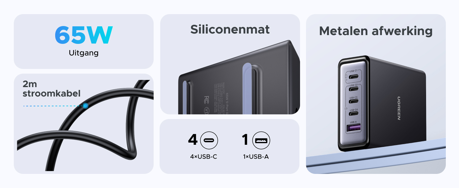 Productdiagram met de '65W'-specificatie met silhouetten van het oplaadapparaat en het metalen werkstation.