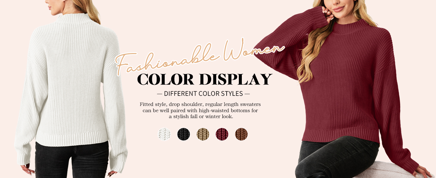 PrinStory Jumpers For Women Uk Cropped Mock Neck Sweater Casual Lantern Sleeve Ribbed Long Sleeve