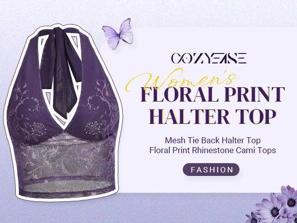COZYEASE Women's Y2K Sheer Mesh Tie Back Halter Top Floral