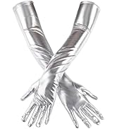 CALFOVERA 22 Inch Silver Shiny Metallic PU Leather Gloves for Women Long Finger Hand Opera Gloves...