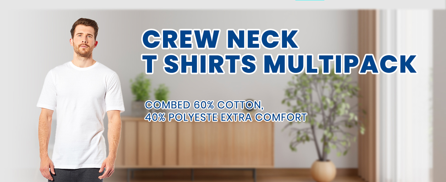 Crew neck t-shirts multipack advertisement showing a white t-shirt on a model with text describing cotton blend and extra comfort.