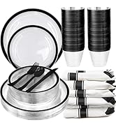 175 Piece Clear and Black Plastic Plates, Black Plastic Dinnerware Set Include 25 Dinner Plates, ...