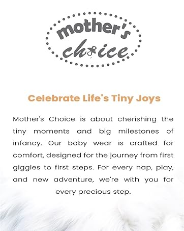 Mother's Choice logo with text describing the brand's focus on baby products for comfort and milestones from infancy to first steps.