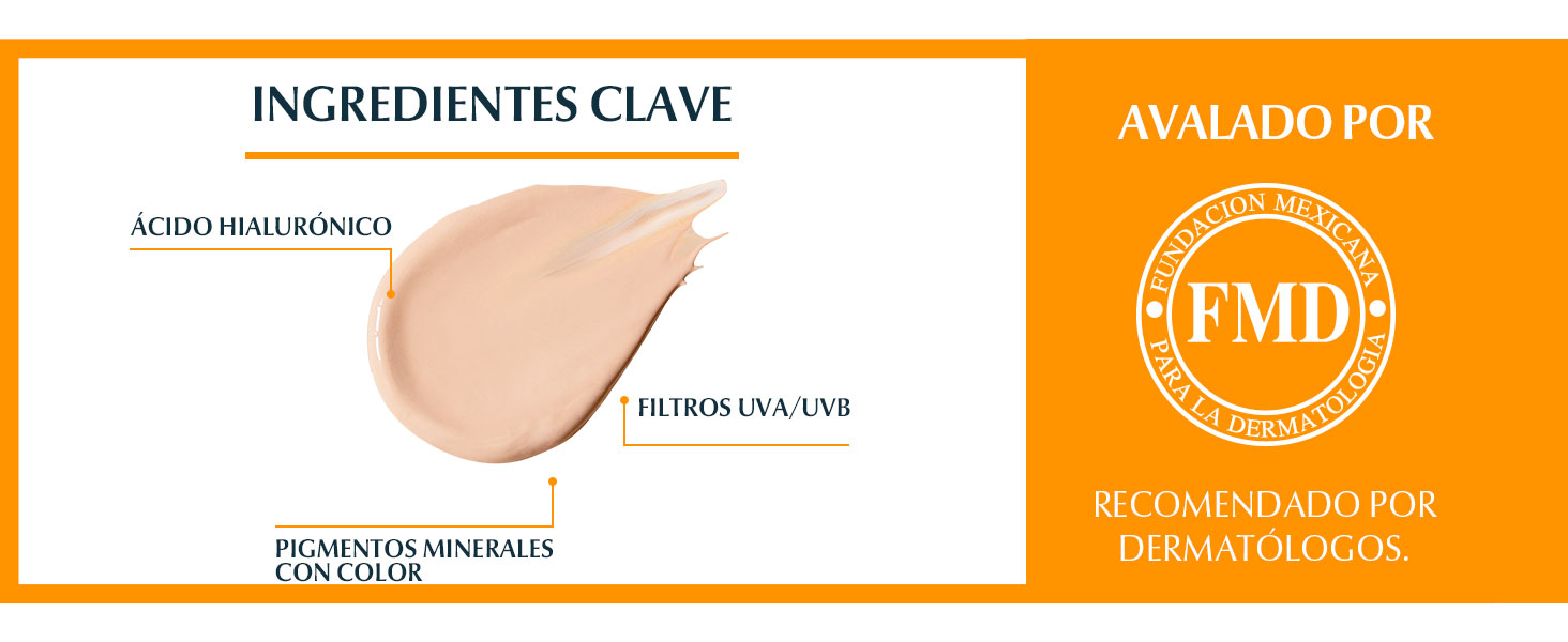 Ingredientes Clave: ácido hialurónico, filtros UVB y UVA y pigmentos de color