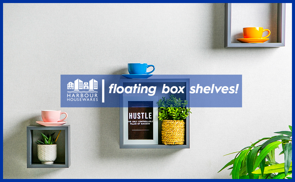 Harbour Housewares 3x Black Floating Wall Shelves Modern Box Shelf Set