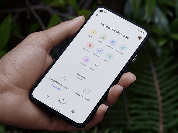 Person holding phone with Google Home App on screen