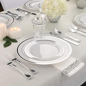 Fancy Disposable Plates with Cutlery - Silver Plastic Party Plates and Silverware for Weddings