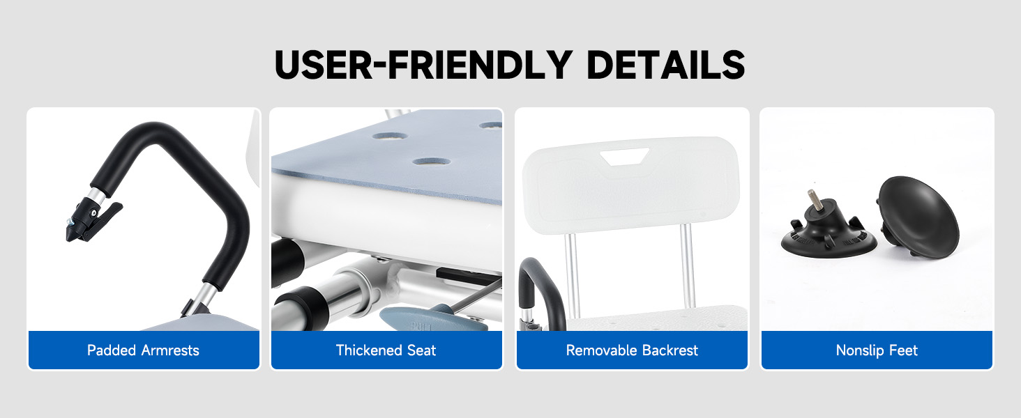 Four product features: Portable armrest, thickened feet, removable backrest, and nonslip feet. Images show black armrest, white stand with legs, detachable white backrest, and black suction cups.