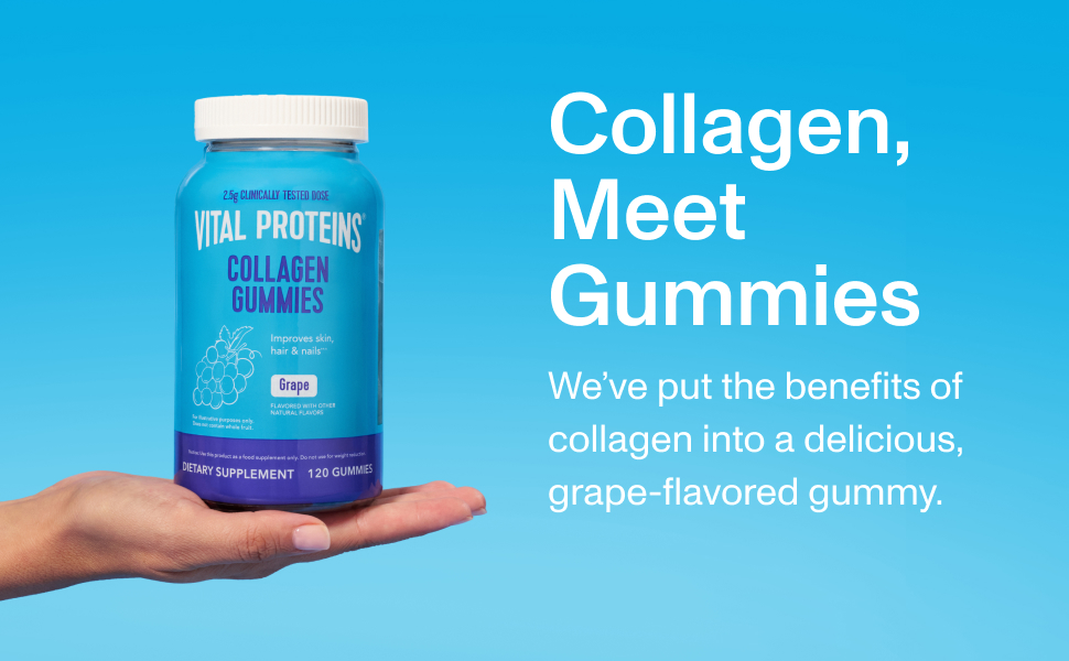 Collagen Meet Gummies. The benefits of collagen in a delicious grape flavored gummy