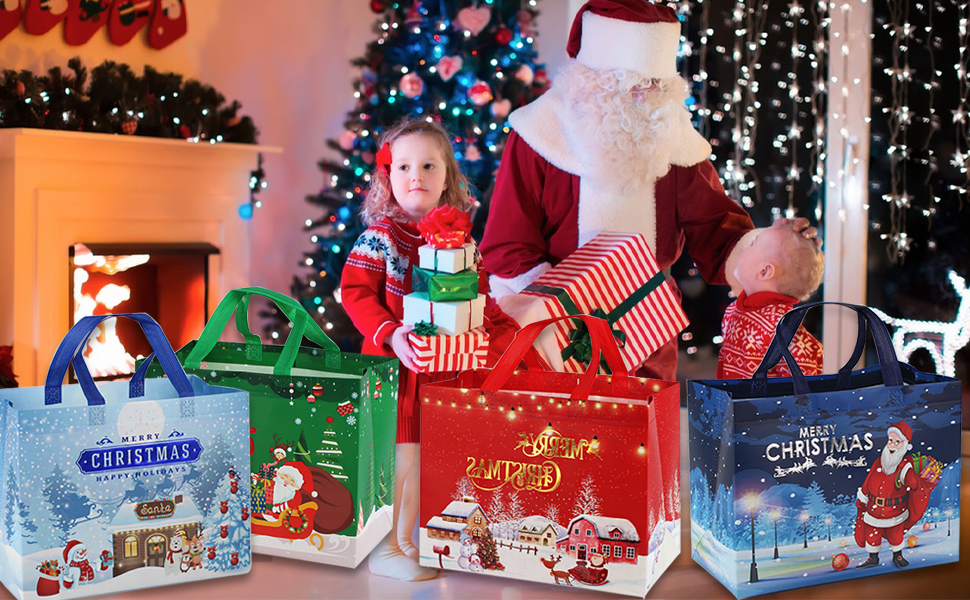 a child holding a christmas gift bag