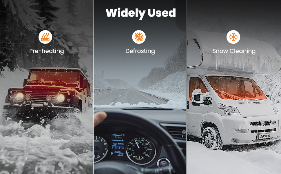 Text reads 'Widely Used'. Series of winter driving scenes showing vehicle deicing, snow clearing, and driving in snowy conditions with progressive stages of snow removal.