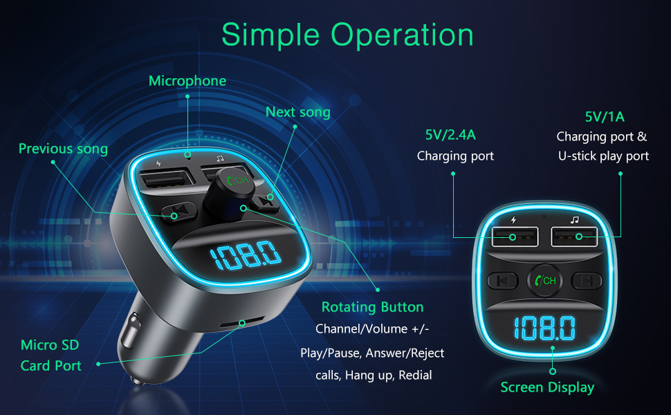 ORIA Bluetooth 5.0 FM Transmitter for Car, 【New Version】Wireless Radio