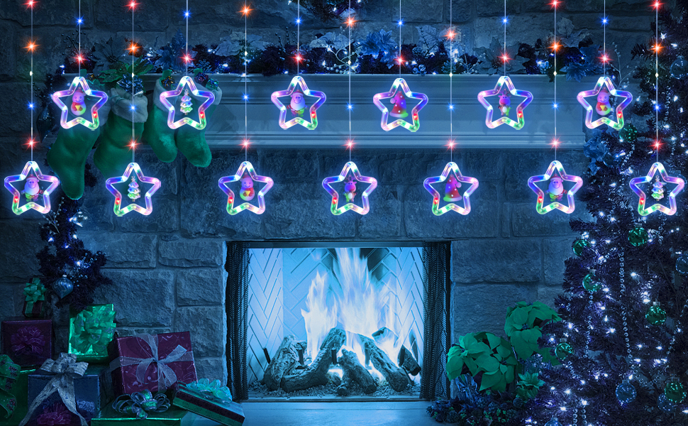 Festive outdoor scene with string of blue and purple star-shaped LED lights hanging above a fireplace. Christmas decorations visible.