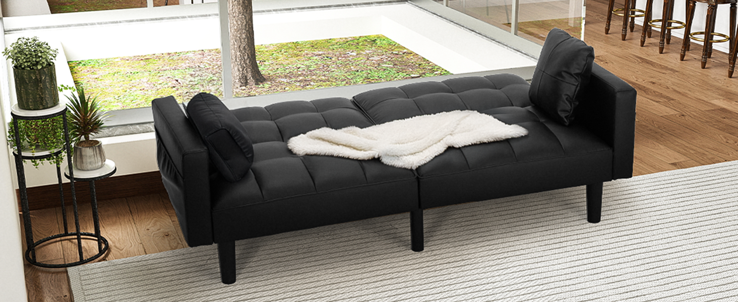 ECOTOUGE Faux Leather Futon Couch, Convertible Sofa Bed with Adjustable Back, Modern Sleeper Sofa