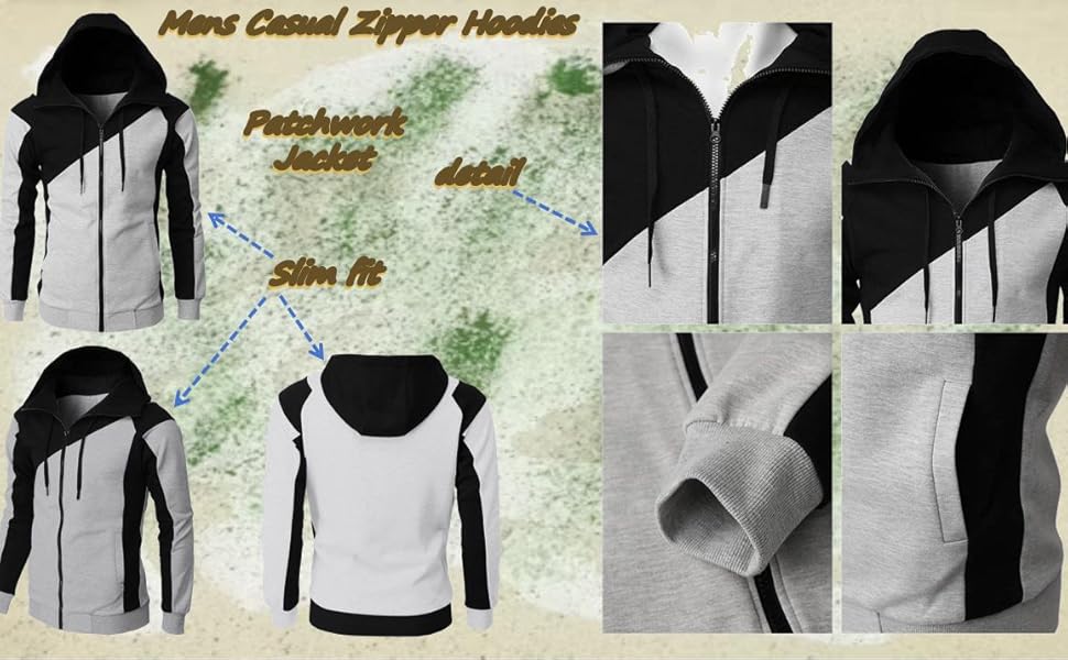 Mens Casual Zipper Hoodies Patchwork Jacket Fall Full Zip Sweatshirts
