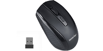 Wireless computer mouse in matte black finish. Features ergonomic design with side buttons and scroll wheel. Includes small USB receiver for connectivity.