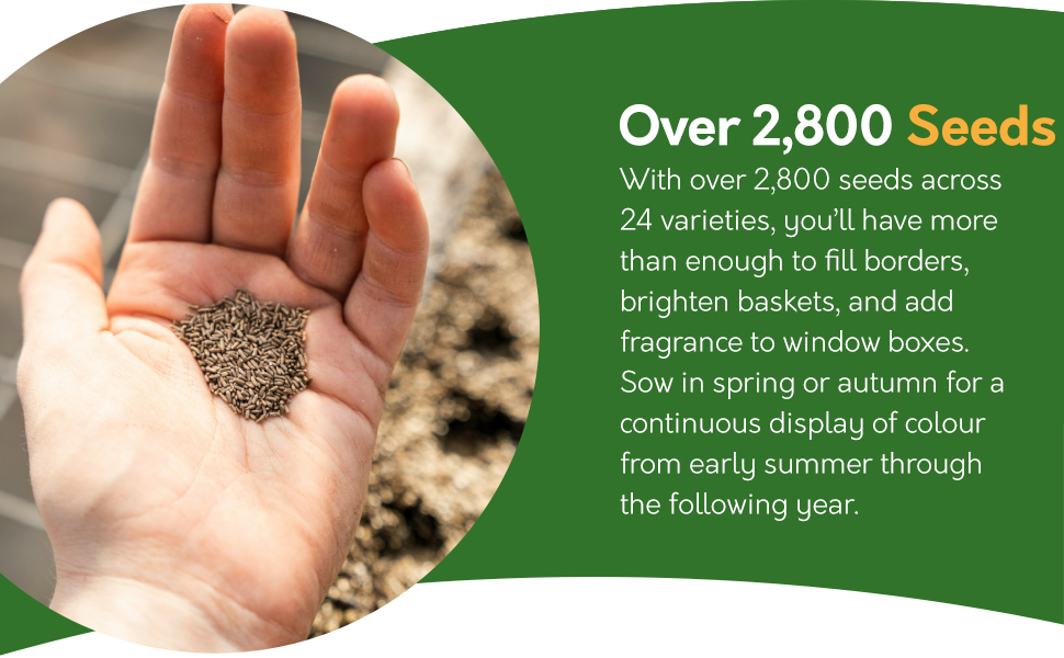 Text reads 'Over 2,800 Seeds' with green curved banner design. Shows hands holding or working with seeds or soil.