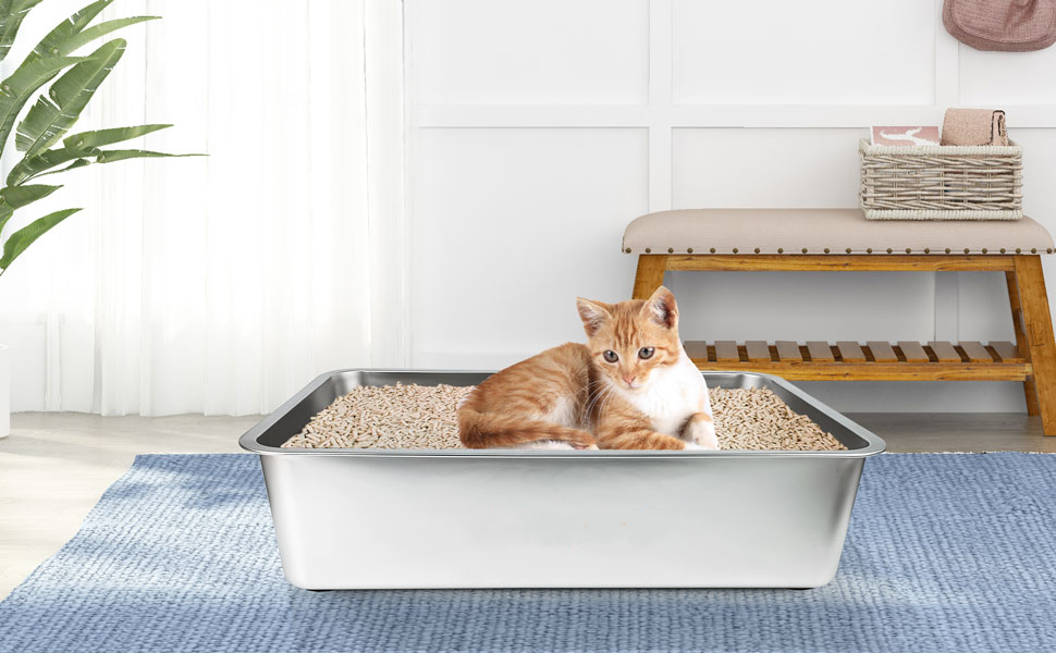 ZuHucpts Stainless Steel Cat Litter Box, Medium Metal Litter Pan for