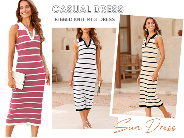 v neck lapel collar women summer dresses sleeveless midi dress ribbed knit striped long dress