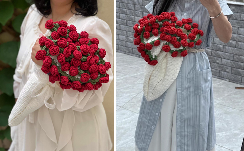JFUJFU Handmade Roses Flower Bouquet Blanket with Crochet for Birthday & Wedding & Valentine’s Day