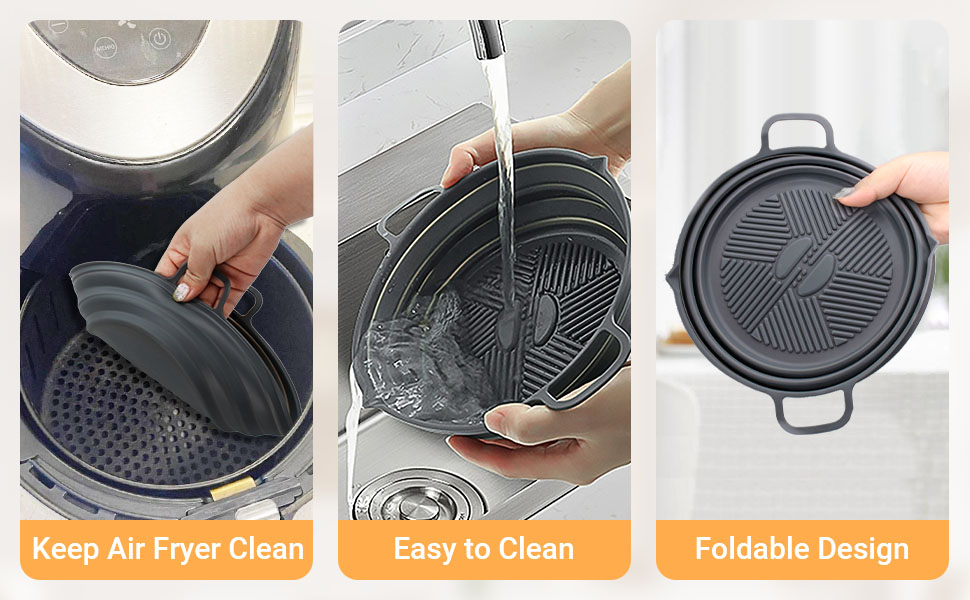 Alyvisun Air Fryer Liner Silicone Reusable Airfryer Basket Foldable Kitchen Pot Accessories Versatile Round Baking Pan for Microwave, Oven (Grey) 13 The foldable silicone liner can keep the air fryer clean and wash easily.