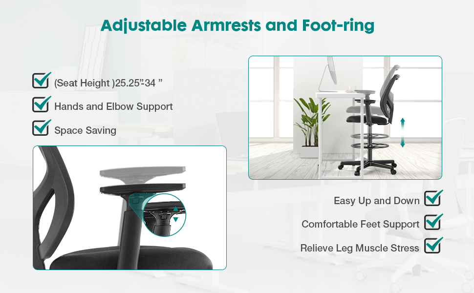 Drafting Chair Tall Standing Office Desk Chair with Adjustable Foot Ring, Chair