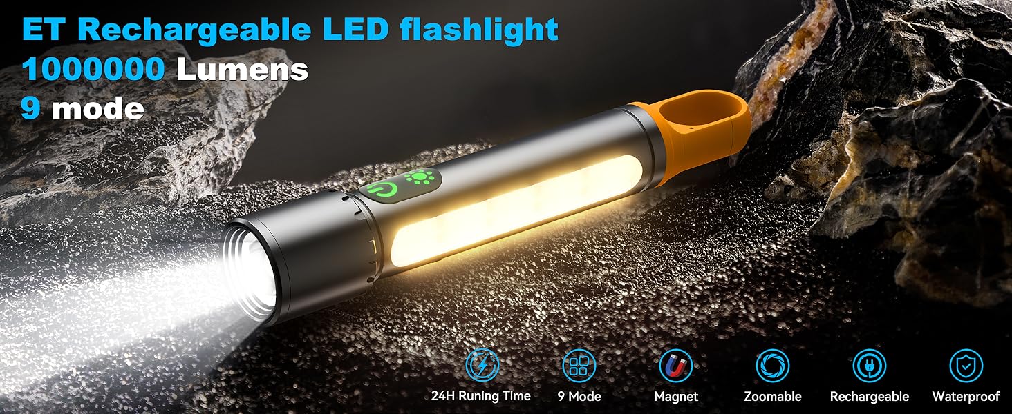 Text reads 'ET Rechargeable LED'. Dark background with illuminated stage or concert lighting effects.