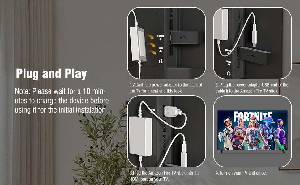 Text reads 'Plug and Play'. Instructional diagram showing four steps for connecting device to phone, with Fortnite game screen shown in final step.