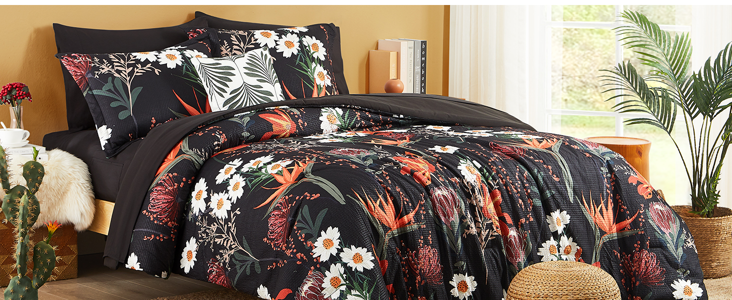 CASAAGUSTO Twin Comforter Set, 5 PCS Black Shore Floral