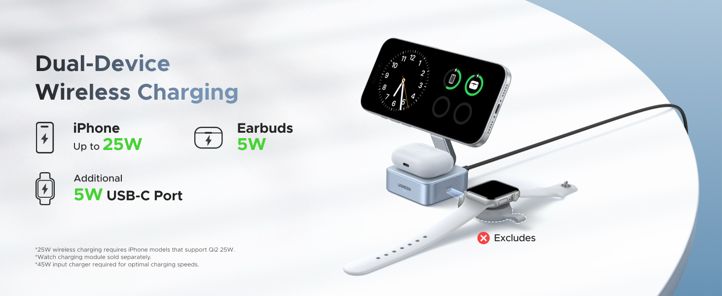 Text reads 'Dual-Device', 'Wireless Charging', 'USB-C Port'. Product diagram showing wireless charging device features and connection options.