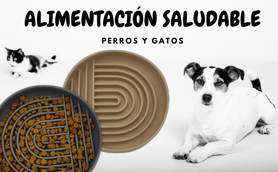 Feeder Dog Anti Voracity Feeder Cat Feeder Dog Accessories Feeders for Dogs Anti-Voracity Feeder Cat Feeder Cats Feeders Cats Feeder Anti-Voracity Dog Slowfeeder 11 con patrones en forma de laberinto, que muestran opciones de alimentación saludables para perros y gatos. Junto a los tazones se muestran un gato y un perro