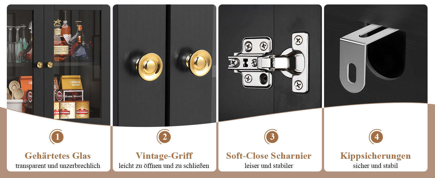 Zusammengesetztes Bild, das die Ausstattung des Schranks zeigt: Glastür mit Inhalt, goldfarbene Griffe im Vintage-Stil, Soft-Close-Scharnier und Kippschutz. Jede Komponente ist mit deutschem Text beschriftet.