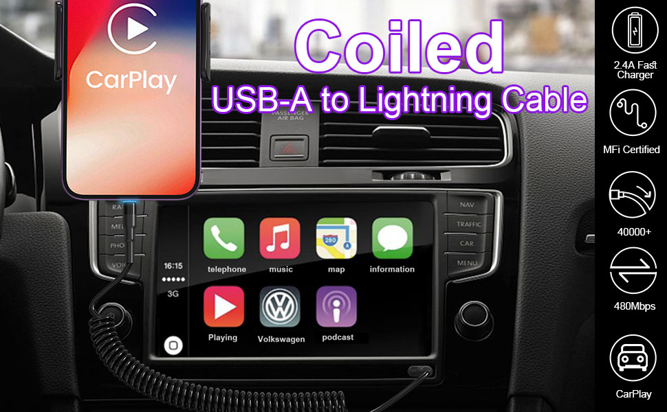 Coiled Lightning Cable Apple Carplay Compatible [Apple MFi Certified] Retractable iPhone Charger