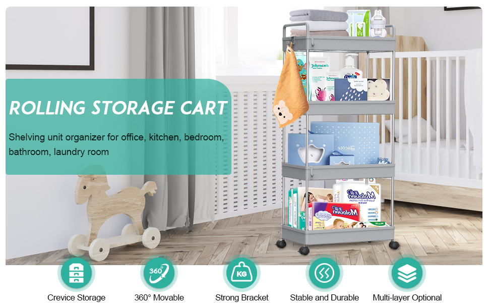 SOLEJAZZ Slim Storage Cart, 4 Tier Bathroom Organizer