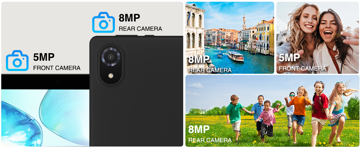 Composite image showcasing phone camera capabilities with multiple sample photos and specifications showing 8MP rear and 5MP front camera features.