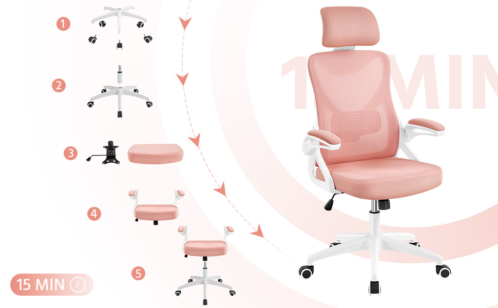Pink ergonomic office chair with high back, headrest, and armrests. Assembly instructions show 5 steps for putting the chair together.