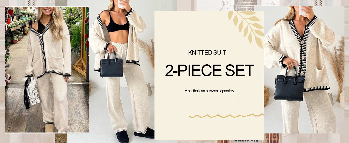 Women 2 Piece Outfits Sweater Sets Long Sleeve Knit Cardigan Wide Leg Pants Lounge Sets Sweatsuit