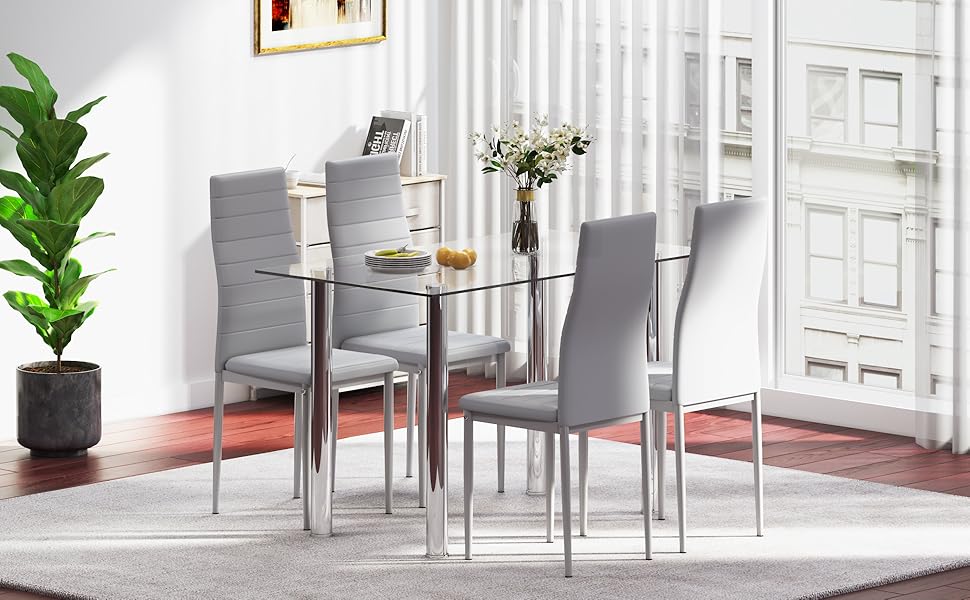 JEFFORDOUTLET Modern Glass Dining Rectangle Table with Chromed Legs JEFFORDOUTLET Modern Glass Dining Rectangle Table with Chromed Legs