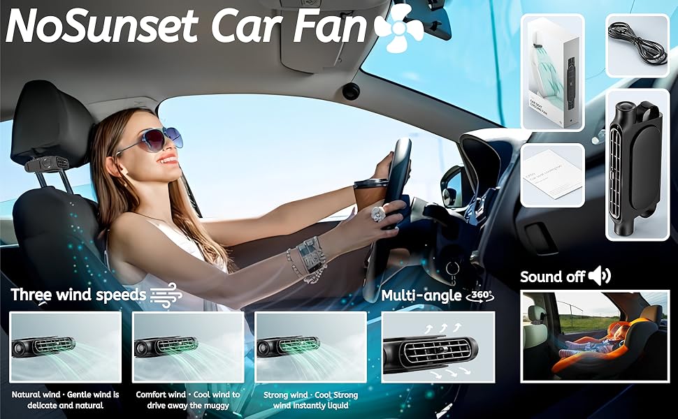 NoSunset Car Fan has three wind speeds, multi-angle rotation and slient design