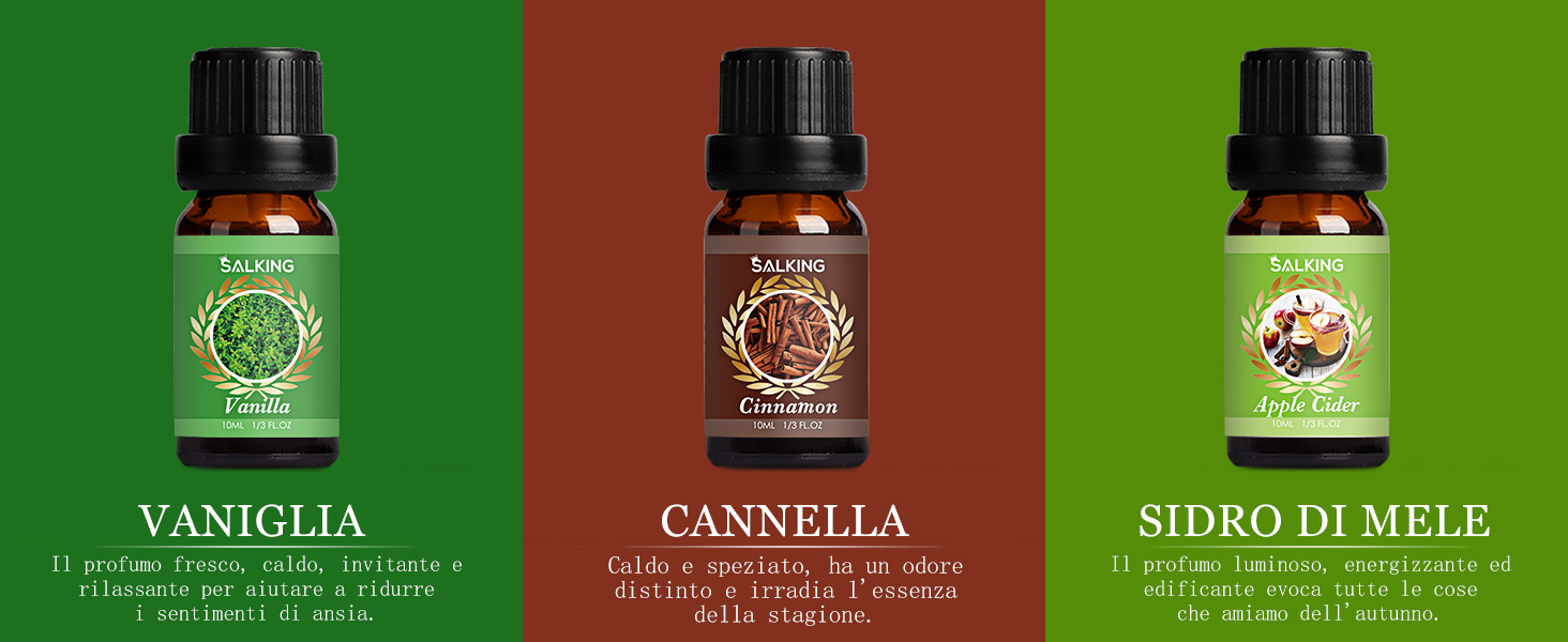 Tre bottiglie di olio essenziale con etichette in italiano: vaniglia, cannella e sidro di mele, esposte su sfondi verdi e marroni alternati