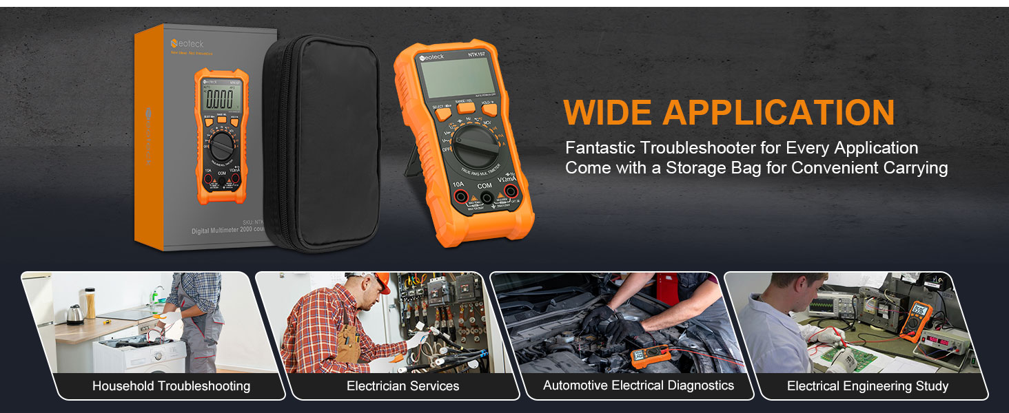 Orange digital multimeter with text 'WIDE APPLICATION'. Multiple images show device used in electrical, automotive, and HVAC settings.