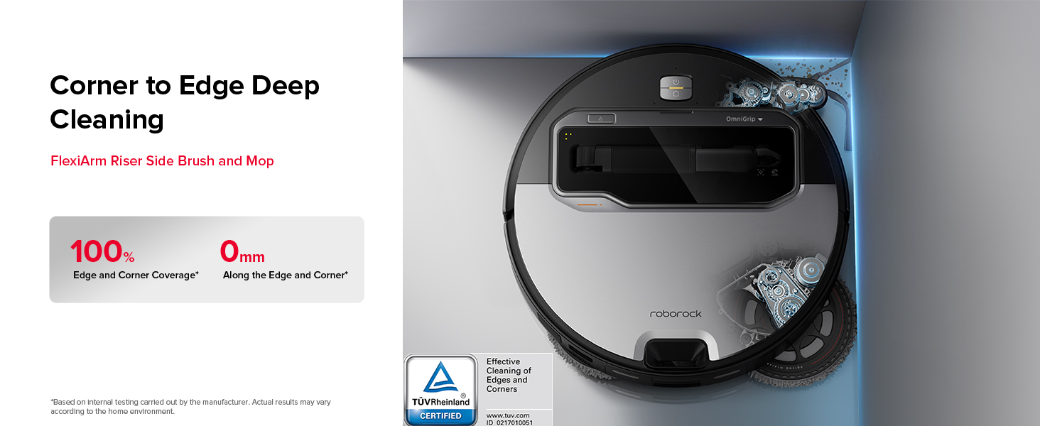 Circular robotic vacuum cleaner with corner-to-edge deep cleaning capability. Features a black and silver design with a prominent brushroll. Text indicates 100% cleaning coverage up to 0mm from edges.