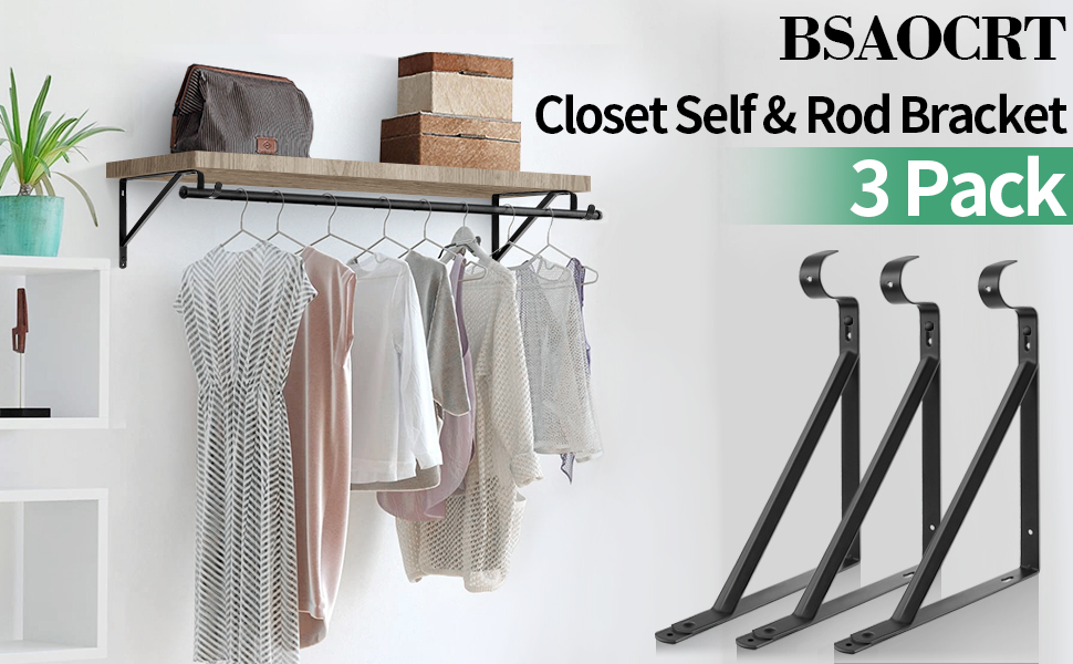 Closet Rod Bracket, Heavy Duty 3 Pack Closet Shelf Brackets Wall Mount Closet