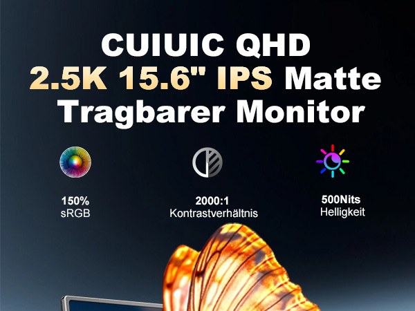Produktspezifikationen für einen CUIUIC-QHD-Monitor mit 2,5K-15,6-Zoll-IPS-Mattbildschirm mit 150% sRGB, einem Kontrastverhältnis von 2000:1