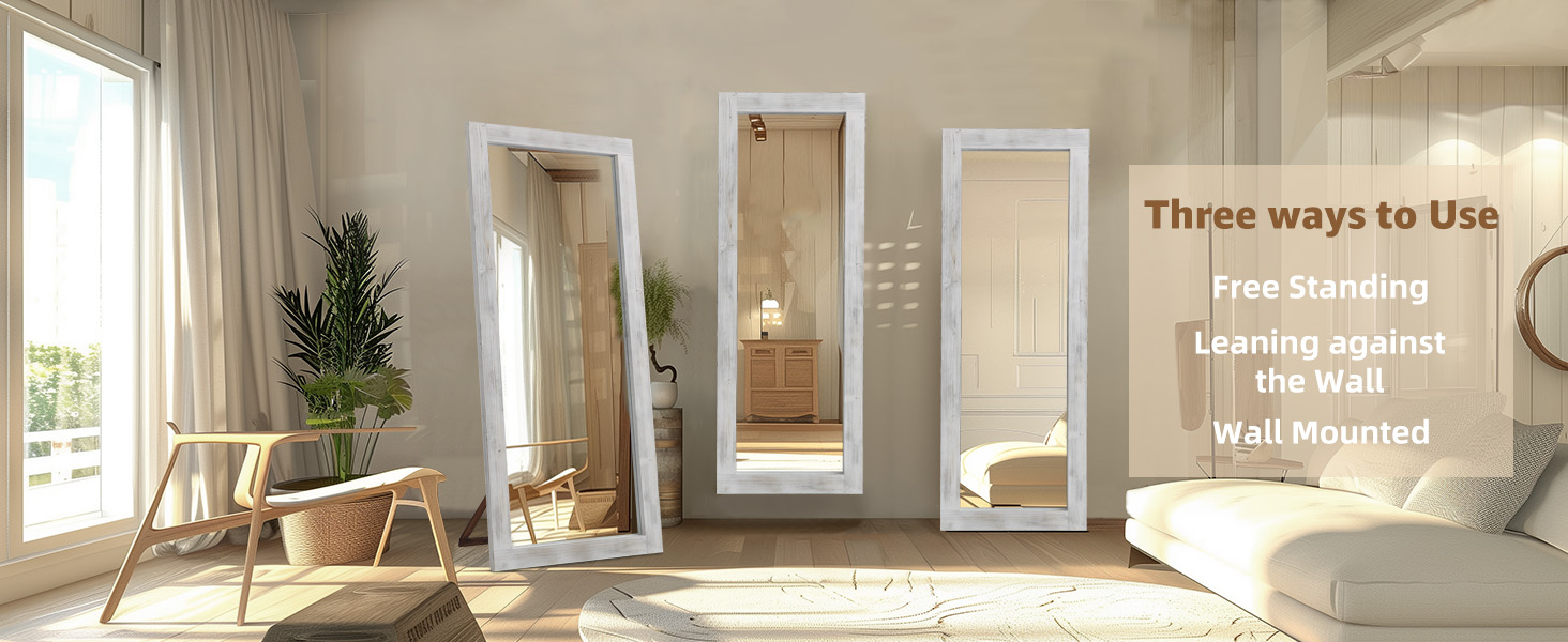 Rustic Farmhouse Full Length Mirror, Wood Floor Mirror, Free Standing, Long for Bedroom, Living Room, Cloakroom, White